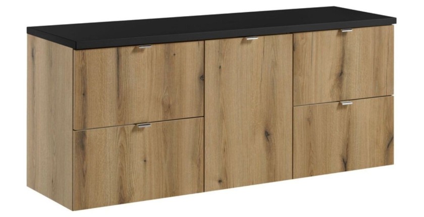 Ensemble VANO chêne et noir 140cm : meubles sous vasque à tiroirs avec panier à linge et plan pour vasque noir
