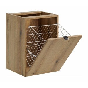 Set bagno VANO effetto quercia e nero 140cm: mobiletto sottolavabo con cassetti e cesto per la biancheria + piano per lavabo