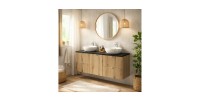 Set bagno VANO effetto quercia e nero 140cm: mobiletto sottolavabo con cassetti e cesto per la biancheria + piano per lavabo