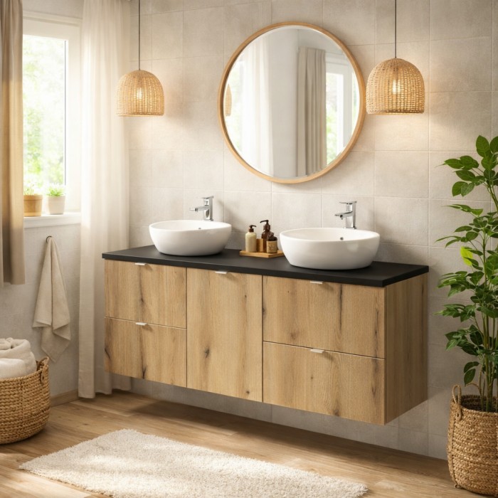 Badezimmer-Set VANO in Eichen- und Schwarzoptik 140cm: Unterschränke mit Schubladen und Wäschekorb + Waschtischplatte