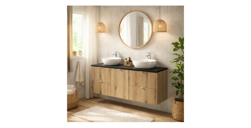 Ensemble VANO chêne et noir 140cm : meubles sous vasque à tiroirs avec panier à linge et plan pour vasque noir mis en situation