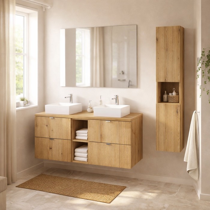 Conjunto VANO acabado roble 150cm: muebles bajo lavabo con cajones y nichos + encimera para lavabo + lavabos sobre encimera + co