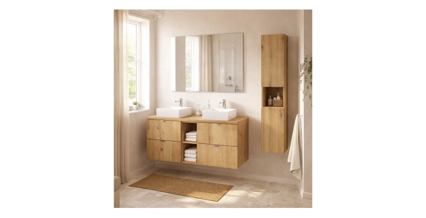 Ensemble VANO chêne 150cm : meubles sous vasque à tiroirs, niches visibles, vasques à poser et colonne mis en situation