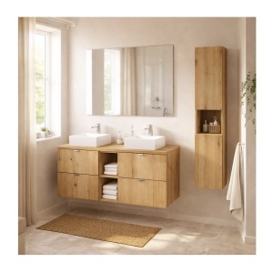 Ensemble VANO chêne 150cm : meubles sous vasque à tiroirs, niches visibles, vasques à poser et colonne mis en situation