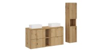 Set VANO effetto rovere 150cm: mobili sotto lavabo con cassetti e nicchie + piano per lavabo + lavabi da appoggio + colonna