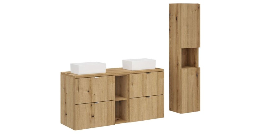 Set VANO effetto rovere 150cm: mobili sotto lavabo con cassetti e nicchie + piano per lavabo + lavabi da appoggio + colonna