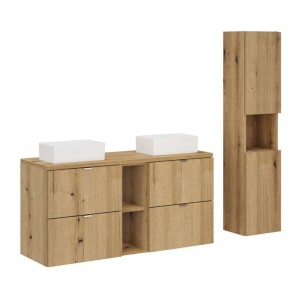 Ensemble VANO chêne 150cm : meubles sous vasque à tiroirs, niches visibles, plan pour vasque, vasques à poser et colonne