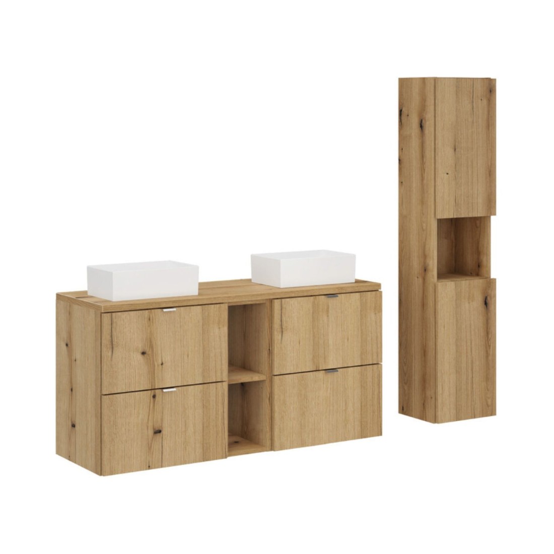 Ensemble VANO chêne 150cm : meubles sous vasque à tiroirs, niches visibles, plan pour vasque, vasques à poser et colonne