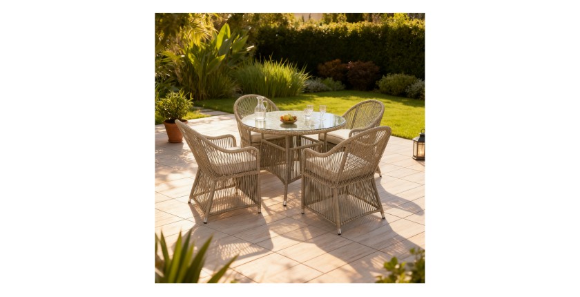 Salon de jardin 4 places MARVENA avec 4 fauteuils et table ronde beige