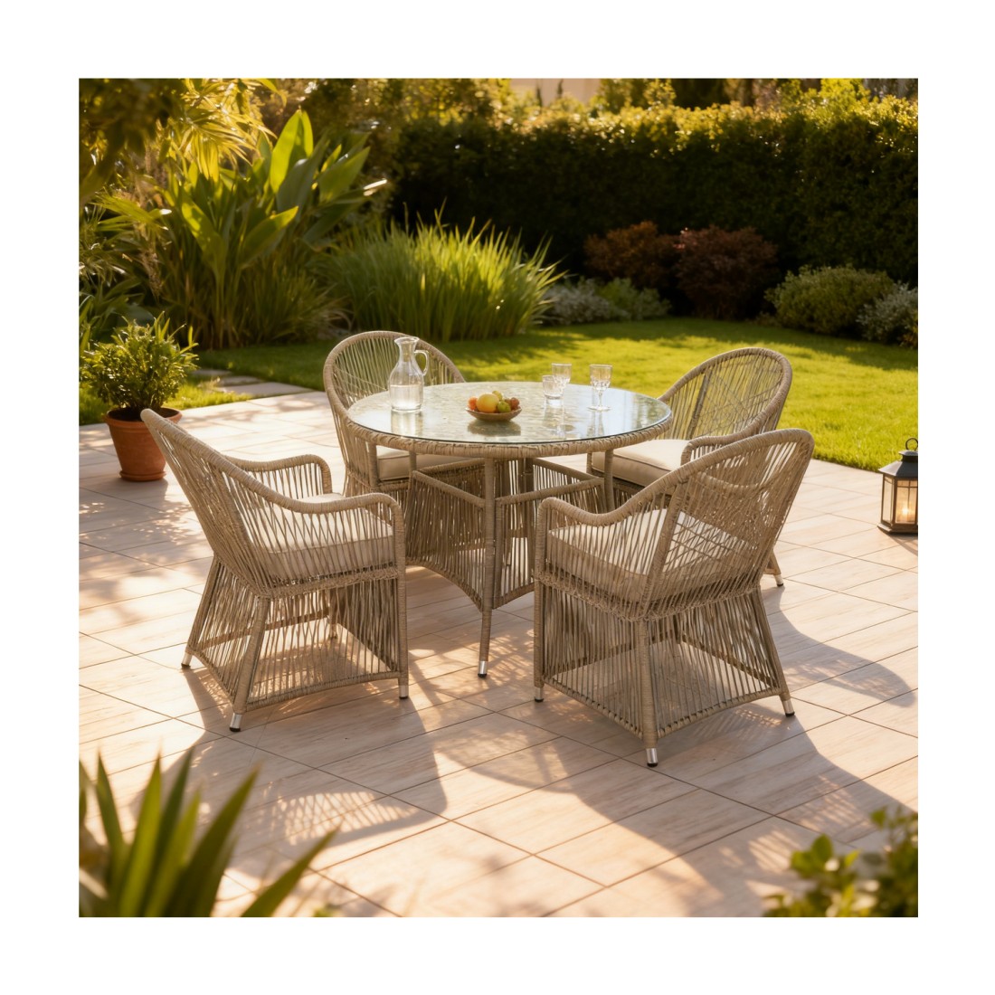 Salon de jardin 4 places MARVENA avec 4 fauteuils et table ronde beige