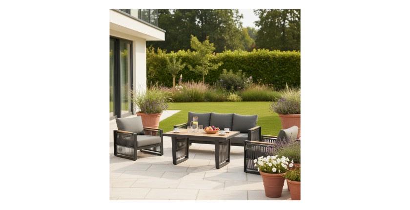 Salon de jardin 6 places TEKARA aluminium gris avec corde et table repas