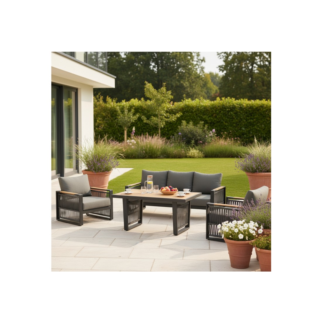 Salon de jardin 6 places TEKARA aluminium gris avec corde et table repas