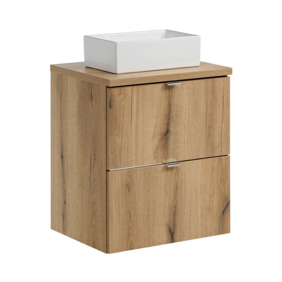 Ensemble VANO chêne 50cm : meuble sous vasque à tiroirs, plan pour vasque et vasque à poser