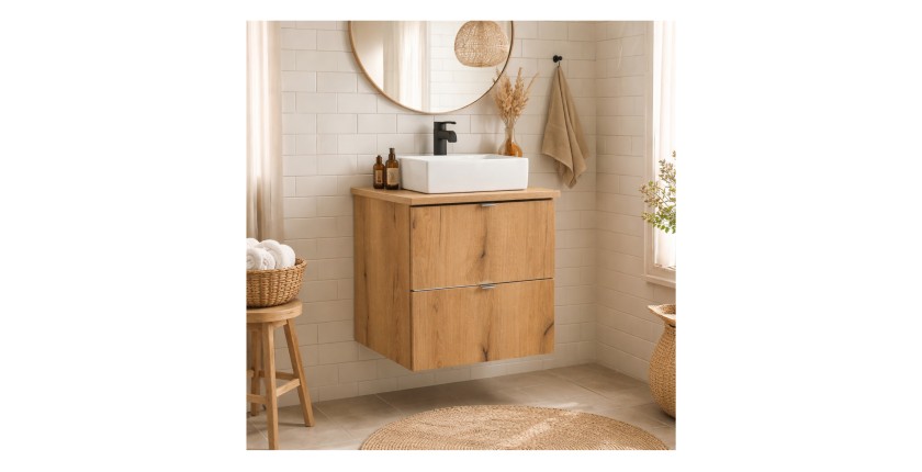 Badezimmer-Set VANO Eichenoptik 50cm: Unterschränke mit Schubladen + Platte für Waschbecken + Aufsatzwaschbecken