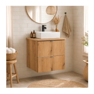 Ensemble VANO chêne 50cm : meuble sous vasque à tiroirs, plan pour vasque et vasque à poser mis en situation