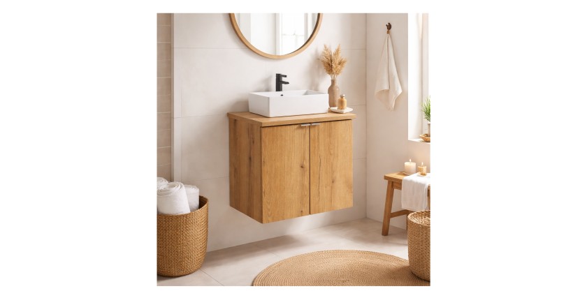 Ensemble VANO 50cm chêne : meuble sous vasque à placards, plan pour vasque et vasque à poser mis en situation