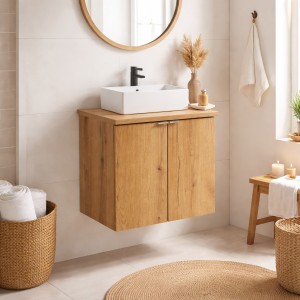 Ensemble VANO 50cm chêne : meuble sous vasque à placards, plan pour vasque et vasque à poser mis en situation