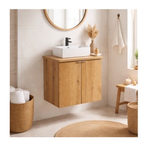 Ensemble VANO 50cm chêne : meuble sous vasque à placards, plan pour vasque et vasque à poser mis en situation