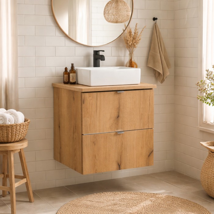 Conjunto de baño suspendido VANO acabado en roble 50cm: mueble bajo lavabo con cajones + encimera para lavabo