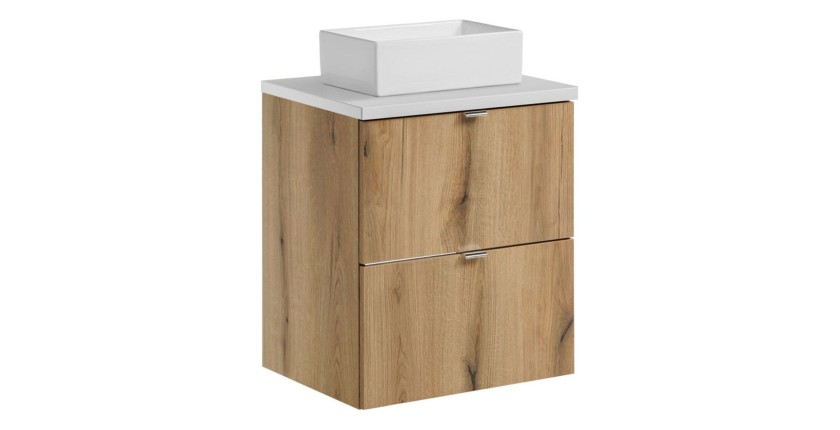 ensemble VANO chêne et blanc 50cm : meuble sous vasque à tiroirs, plan pour vasque blanc et vasque à poser