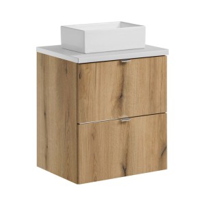 ensemble VANO chêne et blanc 50cm : meuble sous vasque à tiroirs, plan pour vasque blanc et vasque à poser