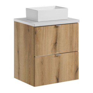 ensemble VANO chêne et blanc 50cm : meuble sous vasque à tiroirs, plan pour vasque blanc et vasque à poser