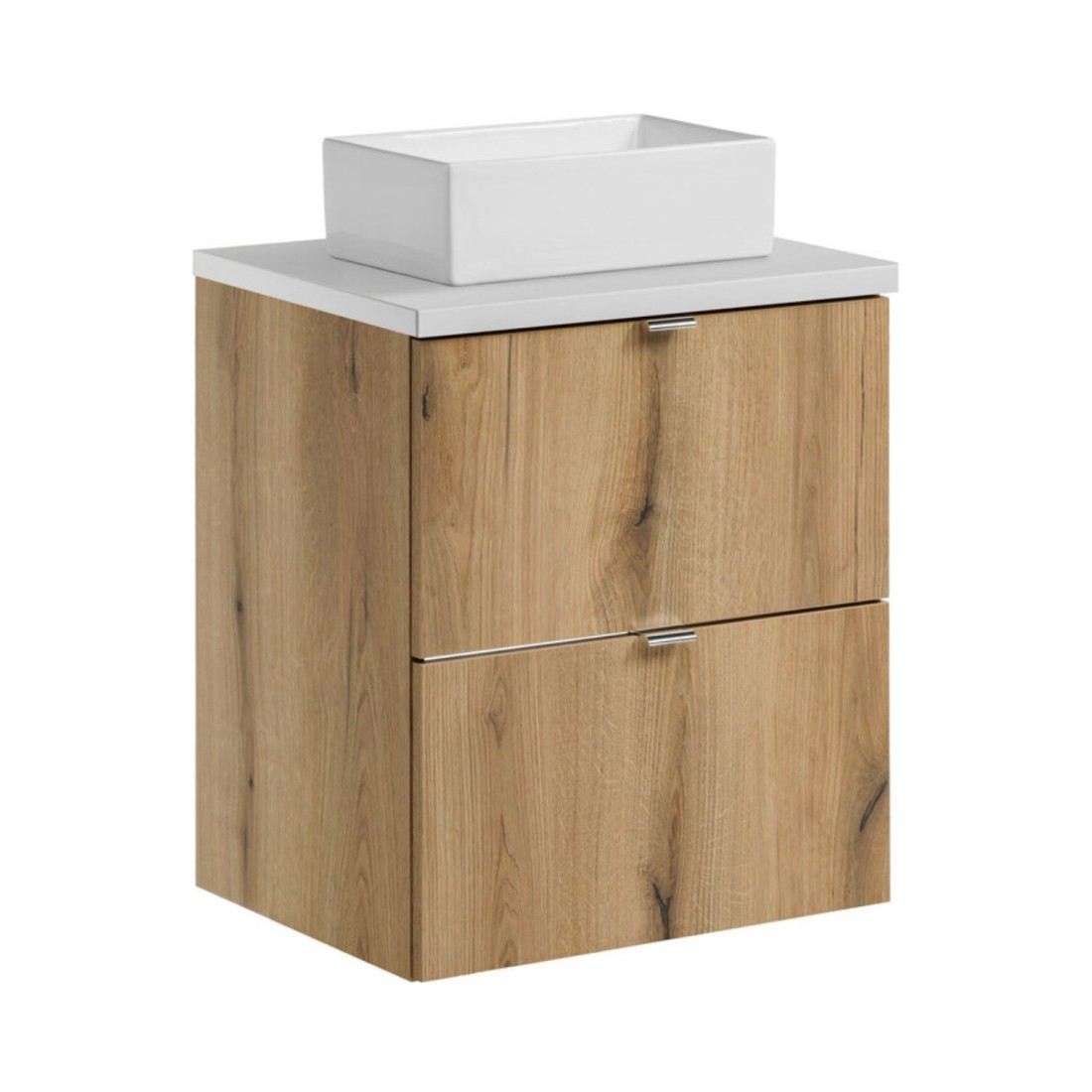 ensemble VANO chêne et blanc 50cm : meuble sous vasque à tiroirs, plan pour vasque blanc et vasque à poser