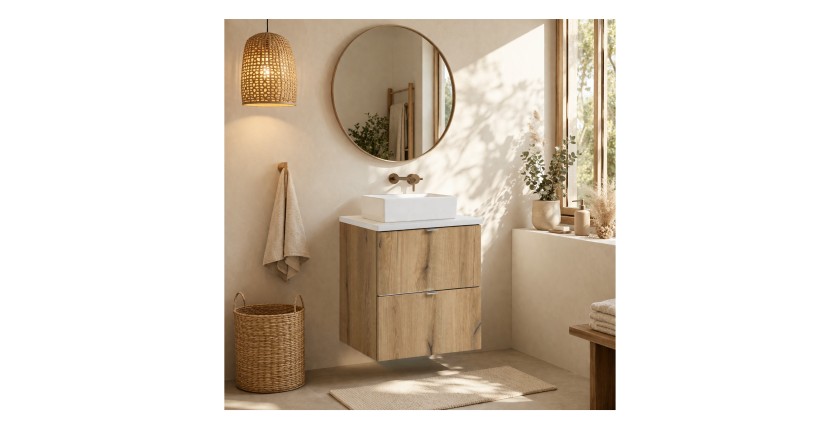ensemble VANO chêne et blanc 50cm : meuble sous vasque à tiroirs, plan pour vasque blanc et vasque à poser mis en situation