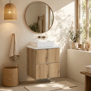 ensemble VANO chêne et blanc 50cm : meuble sous vasque à tiroirs, plan pour vasque blanc et vasque à poser mis en situation