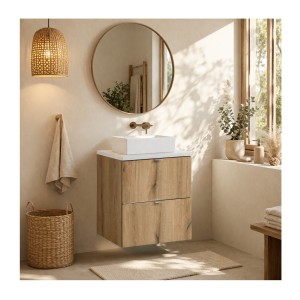 ensemble VANO chêne et blanc 50cm : meuble sous vasque à tiroirs, plan pour vasque blanc et vasque à poser mis en situation
