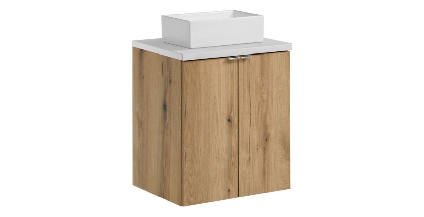 Ensemble VANO chêne et blanc 50cm : meuble sous vasque à placards, plan pour vasque blanc et vasque à poser