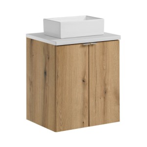 Ensemble VANO chêne et blanc 50cm : meuble sous vasque à placards, plan pour vasque blanc et vasque à poser