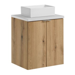 Ensemble VANO chêne et blanc 50cm : meuble sous vasque à placards, plan pour vasque blanc et vasque à poser