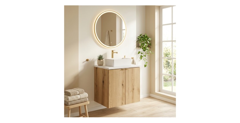 Ensemble VANO chêne et blanc 50cm : meuble sous vasque à placards, plan pour vasque blanc et vasque à poser mis en situation