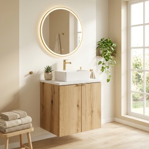 Ensemble VANO chêne et blanc 50cm : meuble sous vasque à placards, plan pour vasque blanc et vasque à poser mis en situation