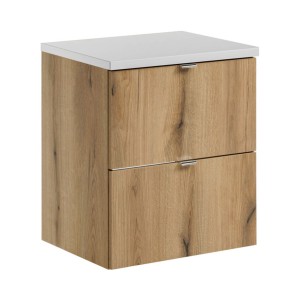 Ensemble VANO chêne et blanc 50cm : meuble sous vasque à tiroirs et plan pour vasque blanc