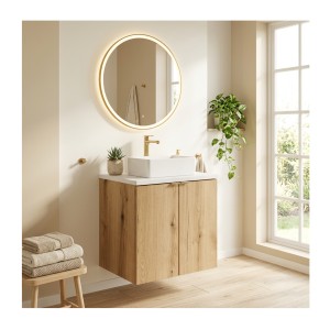 Ensemble VANO chêne et blanc 50cm : meuble sous vasque à placards et plan pour vasque blanc mis en situation