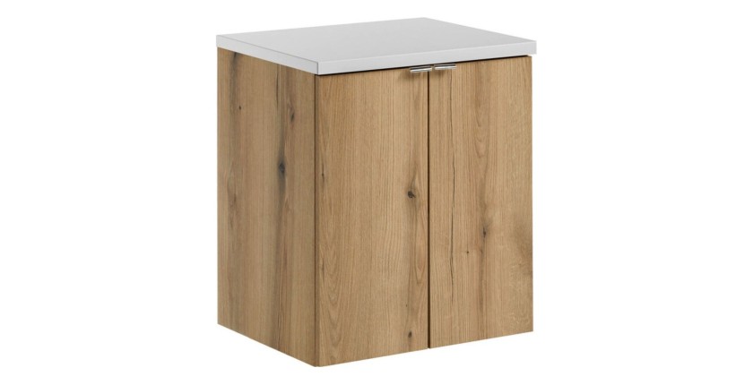 Ensemble VANO chêne et blanc 50cm : meuble sous vasque à placards et plan pour vasque blanc