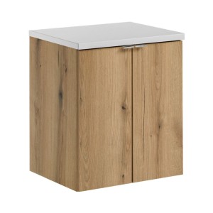 Ensemble VANO chêne et blanc 50cm : meuble sous vasque à placards et plan pour vasque blanc