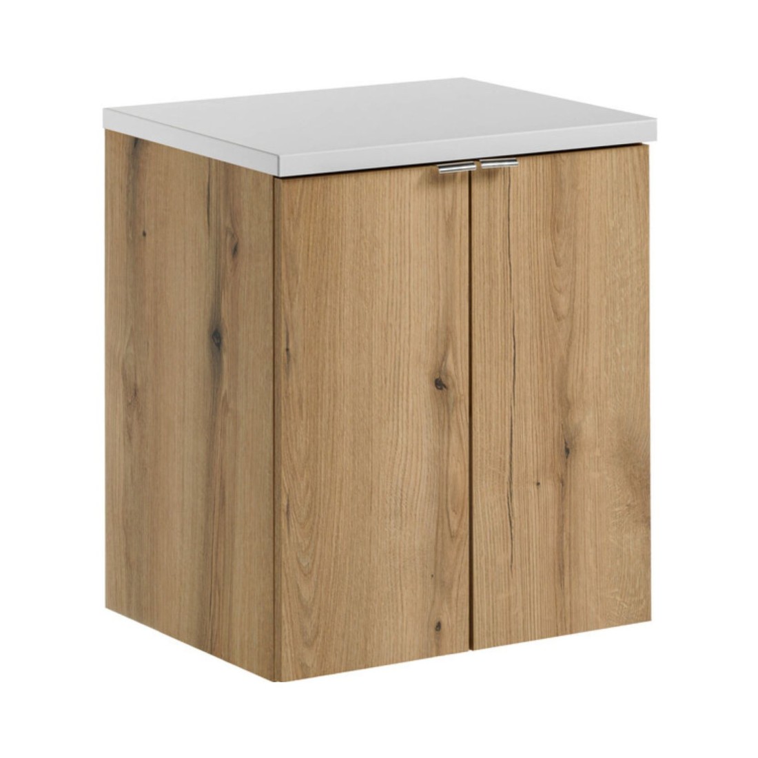 Ensemble VANO chêne et blanc 50cm : meuble sous vasque à placards et plan pour vasque blanc