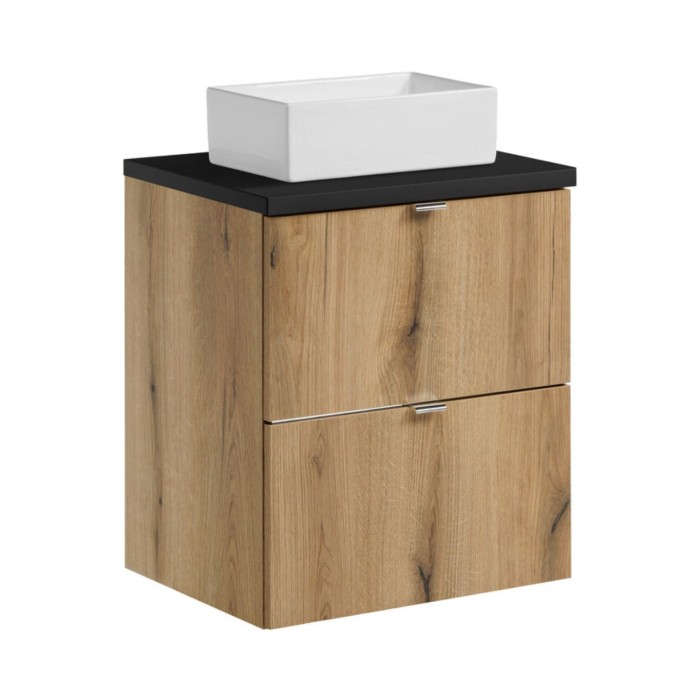 Ensemble VANO chêne et noir 50cm : meuble sous vasque à tiroirs et plan pour vasque noir