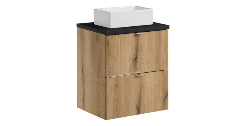 Ensemble VANO chêne et noir 50cm : meuble sous vasque à tiroirs et plan pour vasque noir