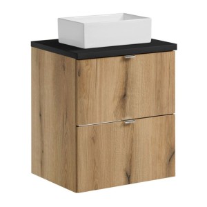 Ensemble VANO chêne et noir 50cm : meuble sous vasque à tiroirs et plan pour vasque noir