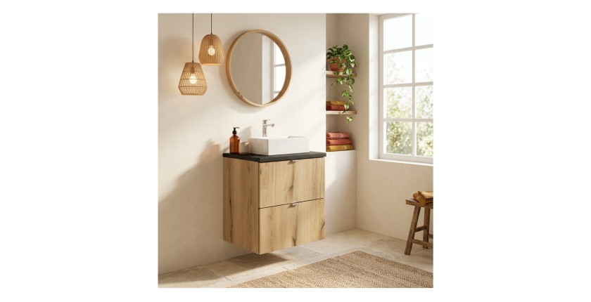 Ensemble VANO chêne et noir 50cm : meuble sous vasque à tiroirs et plan pour vasque noir mis en situation