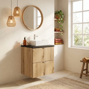 Ensemble VANO chêne et noir 50cm : meuble sous vasque à tiroirs et plan pour vasque noir mis en situation