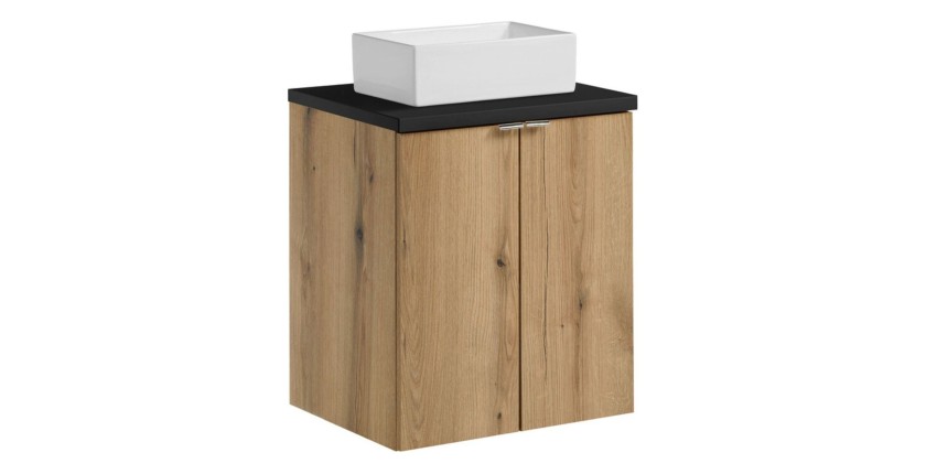 Ensemble VANO chêne et noir 50cm : meuble sous vasque à placards, plan pour vasque noir et vasque à poser