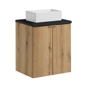 Ensemble VANO chêne et noir 50cm : meuble sous vasque à placards, plan pour vasque noir et vasque à poser