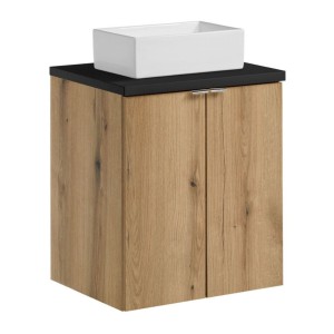 Ensemble VANO chêne et noir 50cm : meuble sous vasque à placards, plan pour vasque noir et vasque à poser