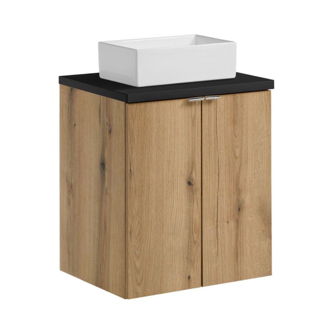 Ensemble VANO chêne et noir 50cm : meuble sous vasque à placards, plan pour vasque noir et vasque à poser