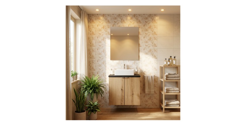 Ensemble VANO chêne et noir 50cm : meuble sous vasque à placards, plan pour vasque noir et vasque à poser mis en situation